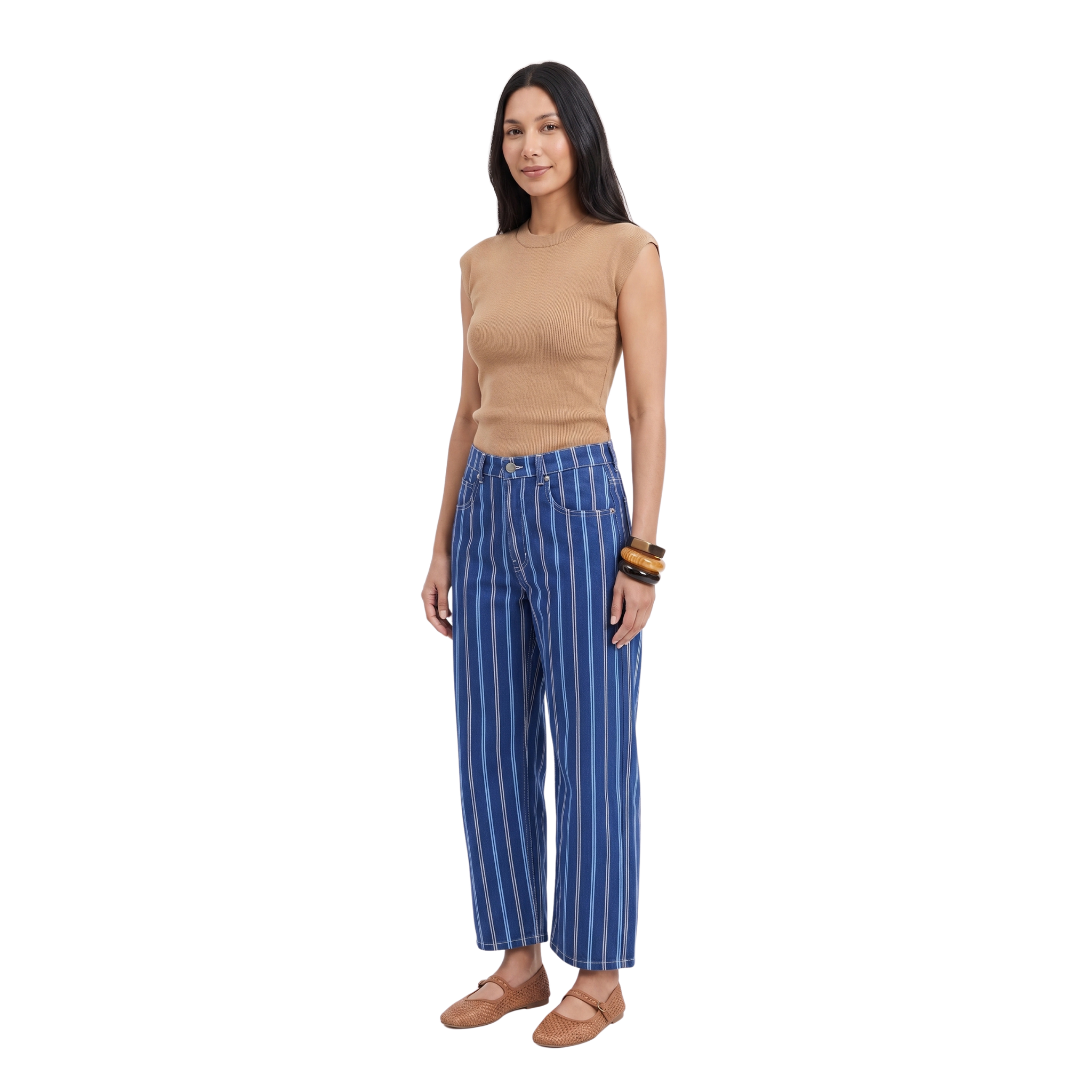 Jean Barrel Rayas Blanco/Marron