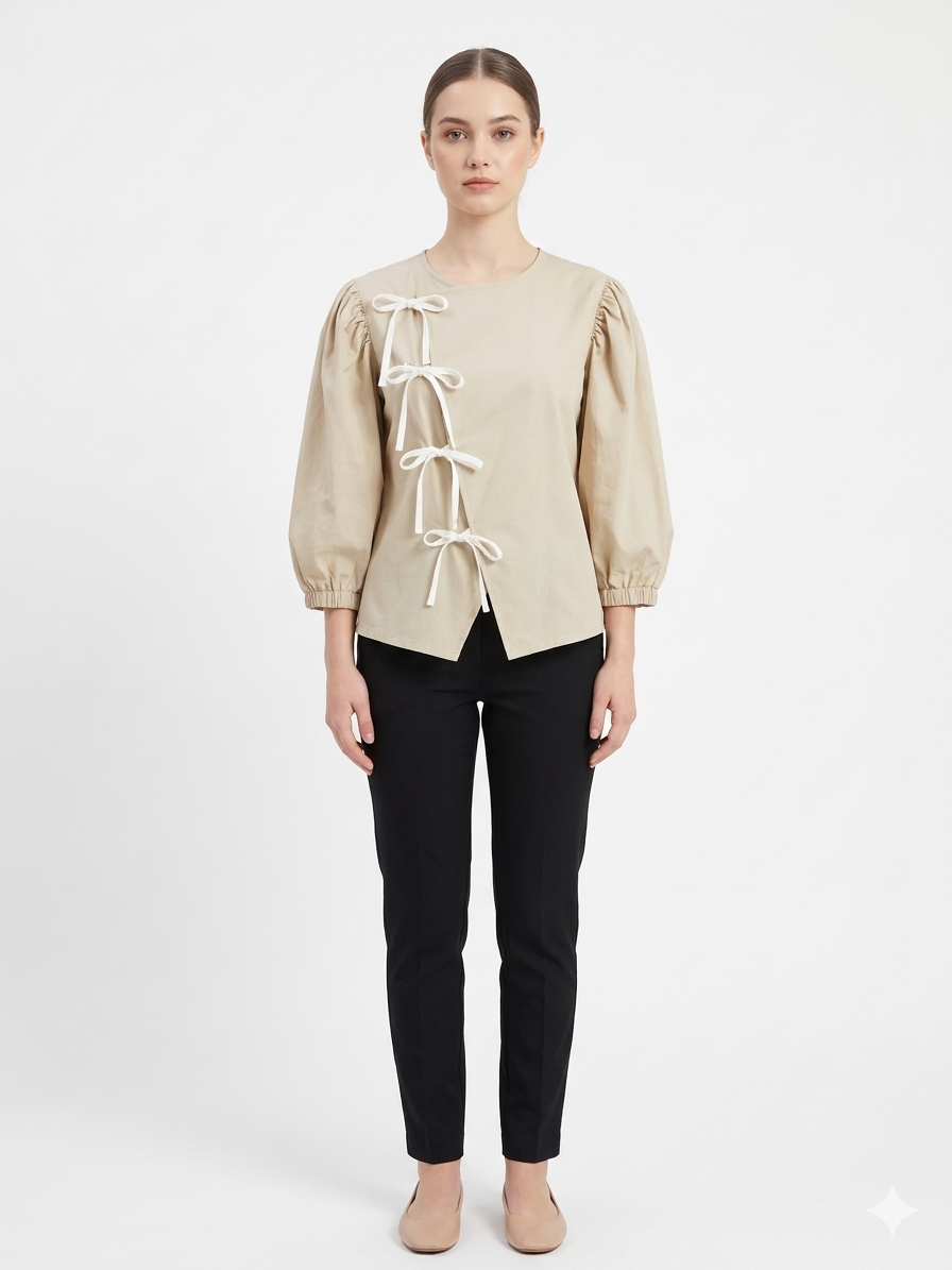 ZERENO - Beige Blouse with Bows