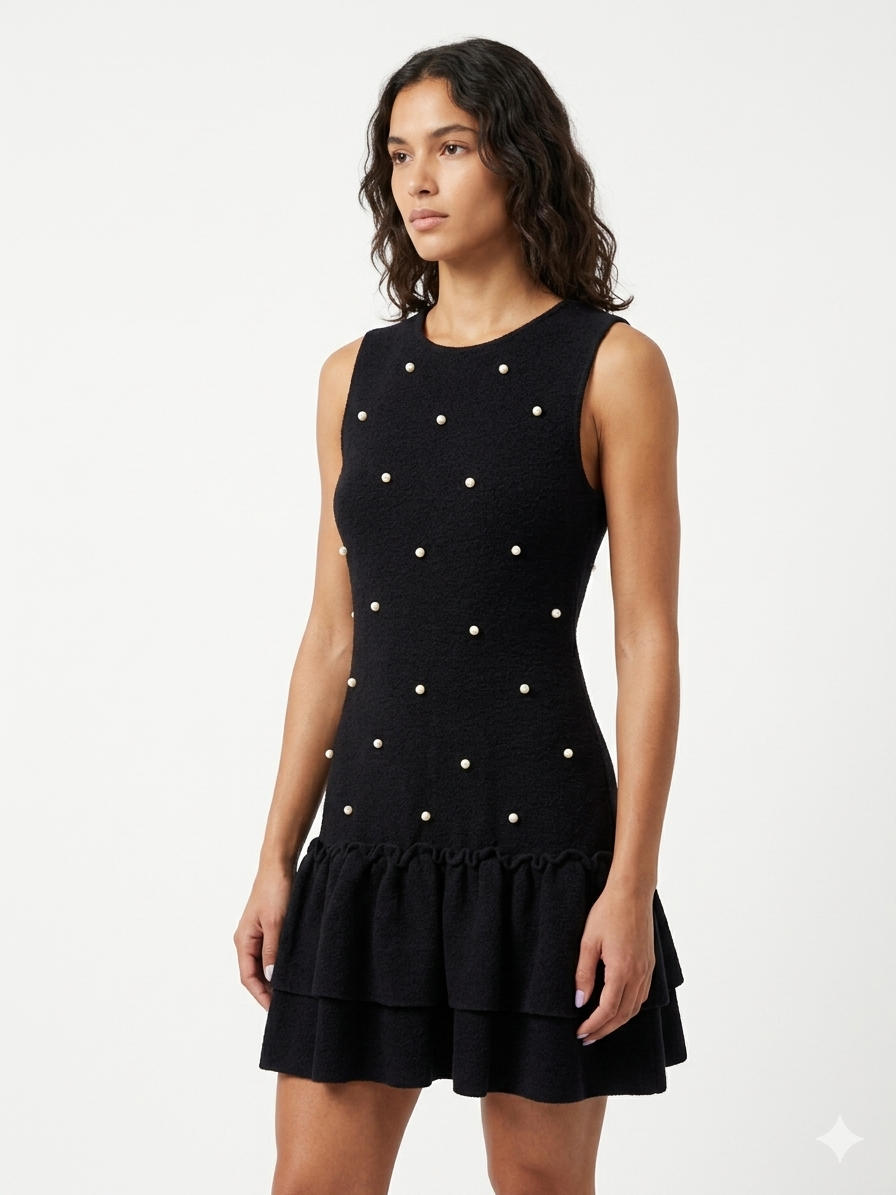 SANDRO - Short Ruffles Dress with Pearls